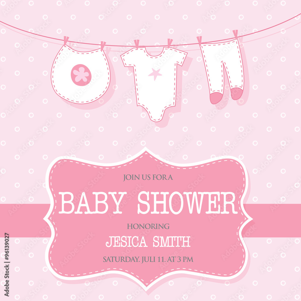 Invitation for Cute baby girl shower with baby clothes design vector illustration. EPS 10 & HI-RES JPG Included 