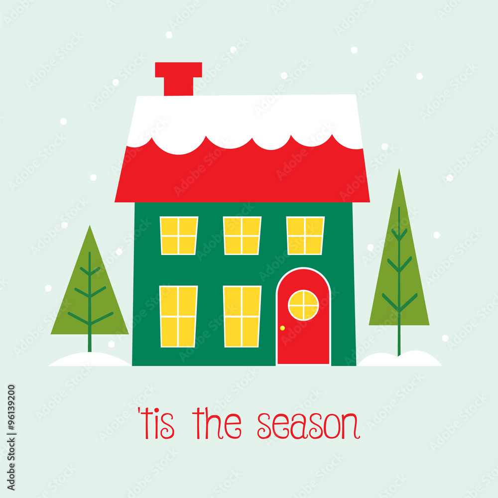christmas design with house on winter and christmas tree christmas design with house on winter and christmas tree