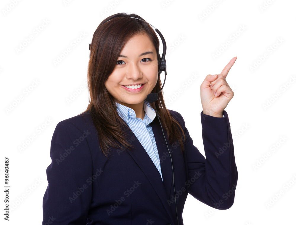 Customer services representative with finger point up Customer services representative with finger point up