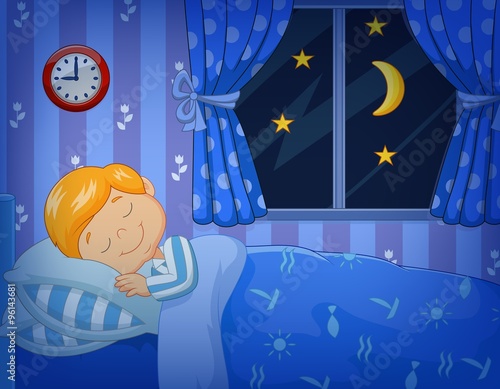 Cartoon little boy sleeping in the bed