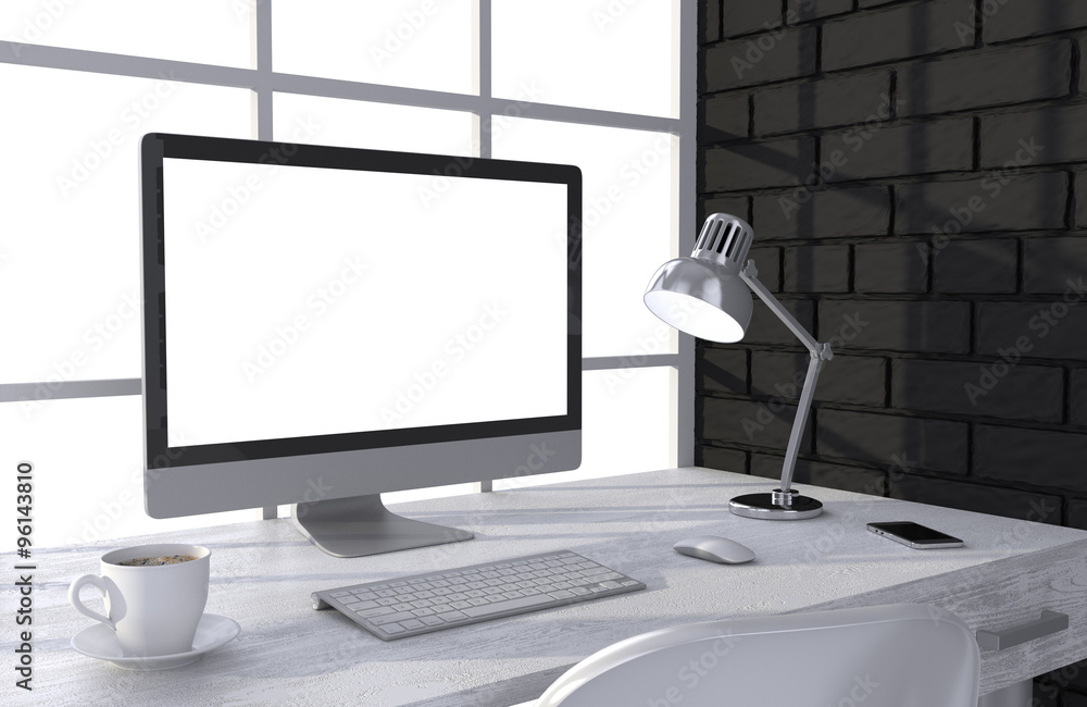 Fototapeta premium 3D illustration PC screen on table in office, Workspace
