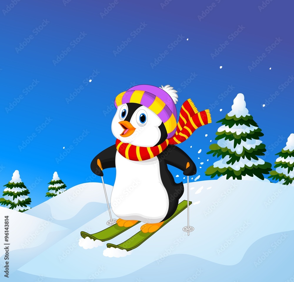 Obraz premium Cartoon penguin skiing down a mountain slope