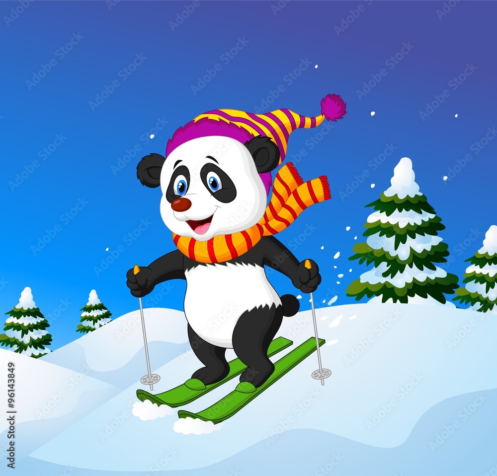 Obraz premium Cartoon panda skiing down a mountain slope