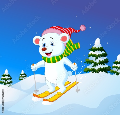 Cartoon polar bear skiing down a mountain slope