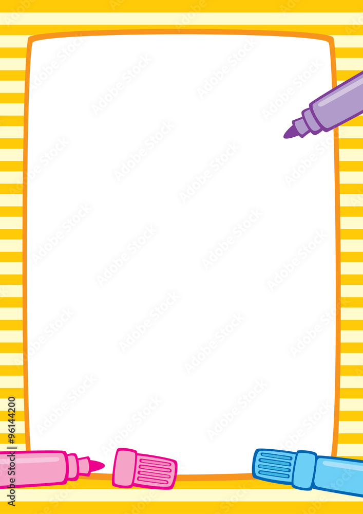 Vector colorful illustration of a yellow striped frame and three marker  pens: pink, light blue and purple. Place for text on a white background.  Format A3/A4, simple composition. Stock-Vektorgrafik | Adobe Stock