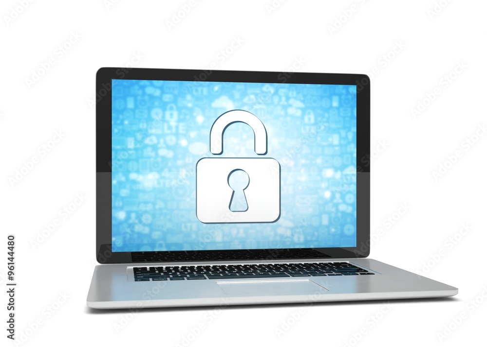 3d rendering of a laptop with security concept 3d rendering of a laptop with security concept