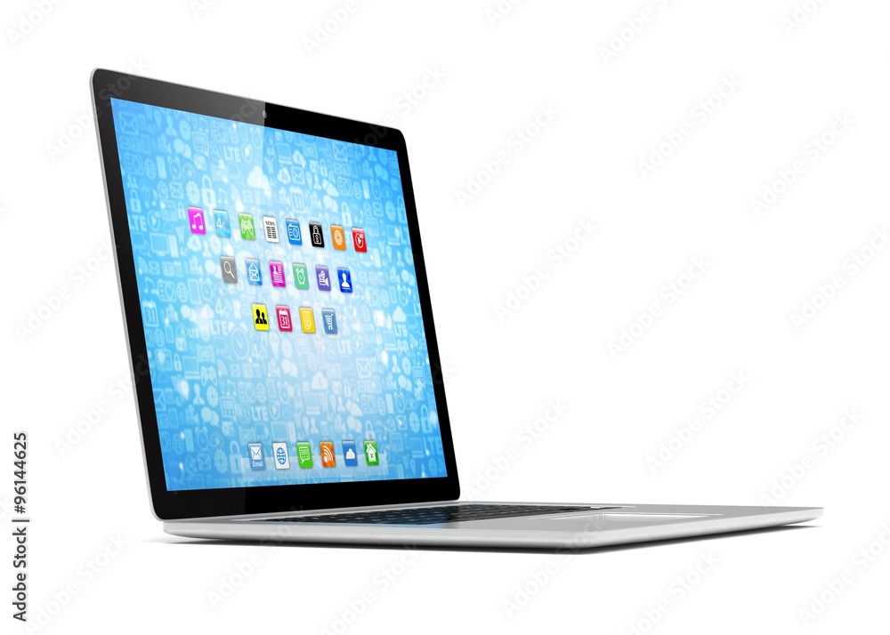 3d rendering of a laptop with blue wallpaper with app icon 3d rendering of a laptop with blue wallpaper with app icon