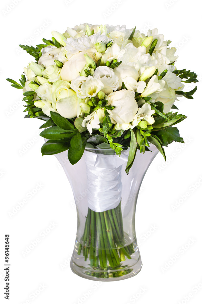 Bright flower wedding bouquet in glass vase Bright flower wedding bouquet in glass vase