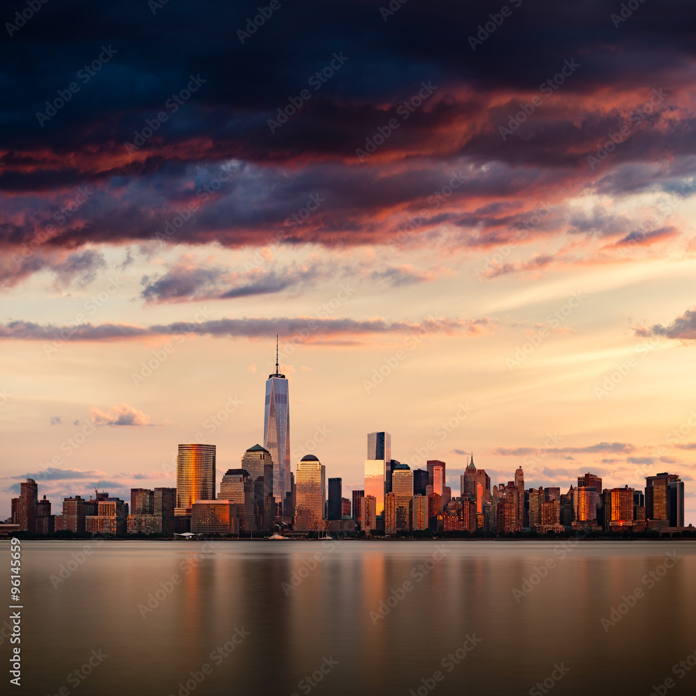 New York City cityscape during sunset