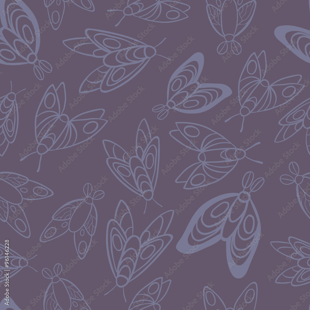 Night creatures seamless vector pattern with moths and fireflies. Hand drawn insects.