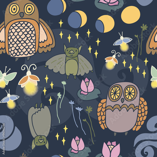 Night creatures seamless vector pattern with adorable owls, bats, fireflies and moths. Moon phases. Hand drawn texture for fabrics, paper and web.