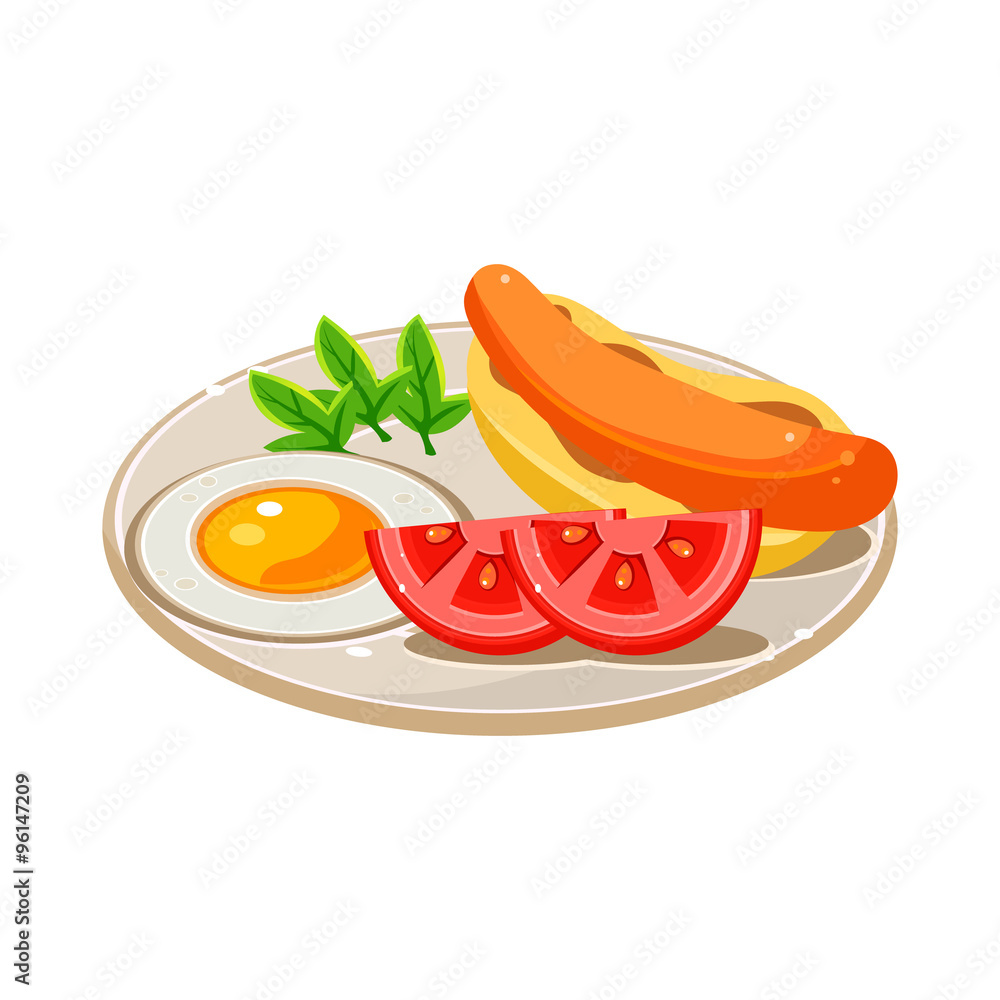 Breakfast Food Set with a Hotdog, Fried Egg and Tomato. Vector Illustration Breakfast Food Set with a Hotdog, Fried Egg and Tomato. Vector Illustration