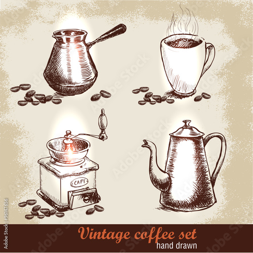 Vintage hand drawn coffee set with coffee beans. Sketch style. Grunge background