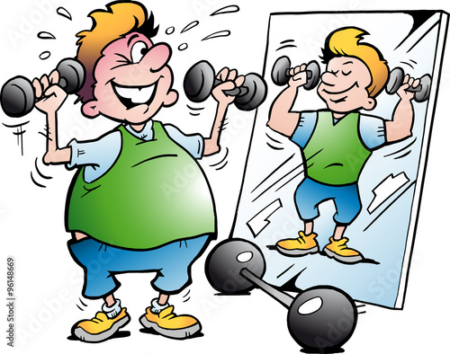 Vector Cartoon illustration of a Fat Motion Man making Fitness