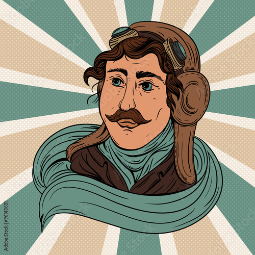Retro man pilot aviation in aviator helmet. Vintage hand drawn illustration