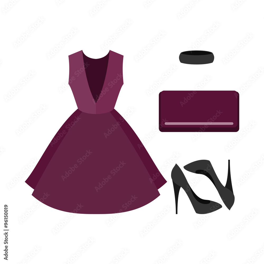 Set of trendy women's clothes. Outfit of violet woman dress with accessories. Women's wardrobe.Vector illustration Set of trendy women's clothes. Outfit of violet woman dress with accessories. Women's wardrobe.Vector illustration