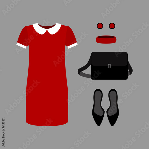 Set of  trendy women's clothes. Outfit of red woman dress with accessories. Women's wardrobe.Vector illustration