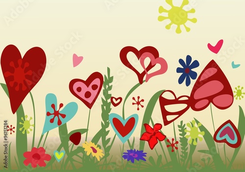 Field of blooming hearts on the background of  sky as a symbol of love