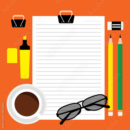 Top view of blank line paper with yellow and green pencil, orang