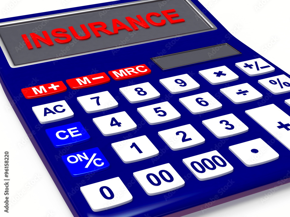 Electronic calculator with the word INSURANCE on the display isolated on white background