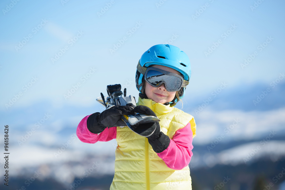 Skiing, winter fun,-smiling skier girl enjoying ski holiday