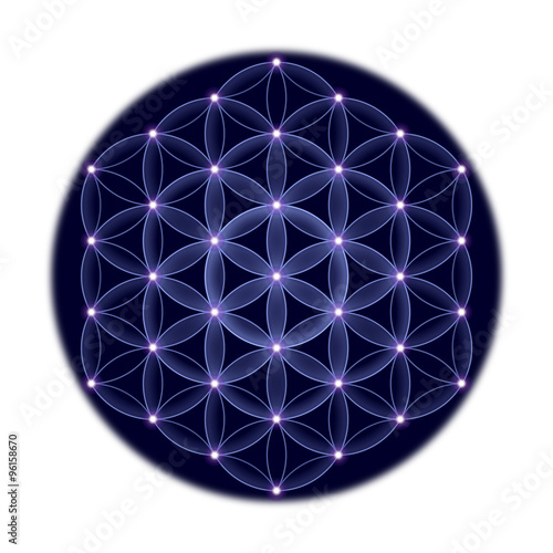 Golden cosmic Flower of Life with stars on black background, a spiritual symbol and Sacred Geometry since ancient times.