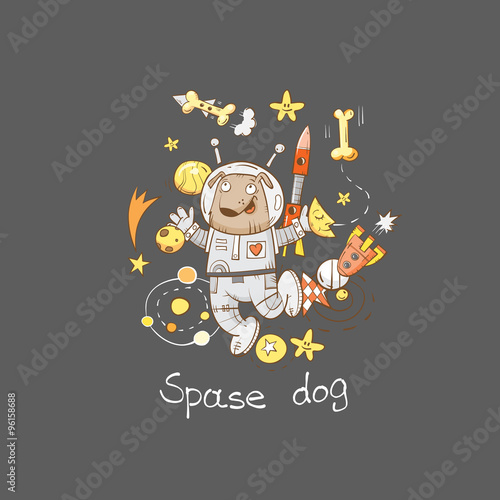 Children's card with cartoon dog astronaut, rockets, stars and planets. Vector image.