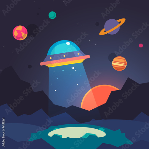 Night alien world landscape and ufo spaceship