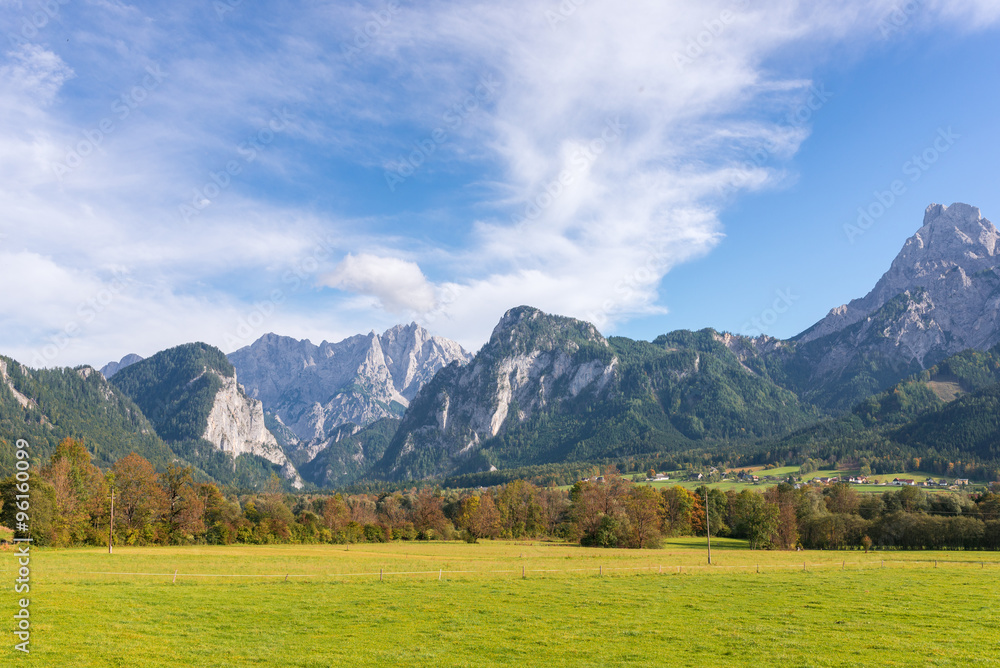 Water gap from the Gesäuse mountain range and view into the Enns valley and the Hochtor massif. The Gesäuse range is part of the Ennstal Alps and a national park in Styria, Austria 