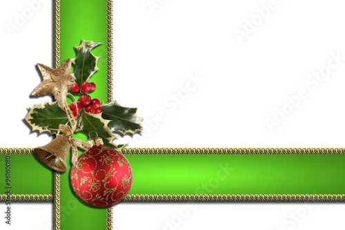 Navidad, fodo blanco, lazo verde, cinta, iluminada, acebo, bola, estrella, campana, fondos, tarjeta photo