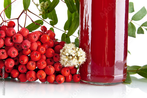 Canvas-taulu Cropped red ash-berry with jar of juice on white