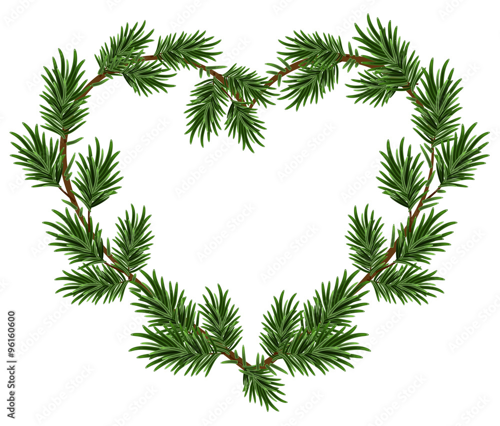 Christmas heart frame spruce branches. Template for Christmas card