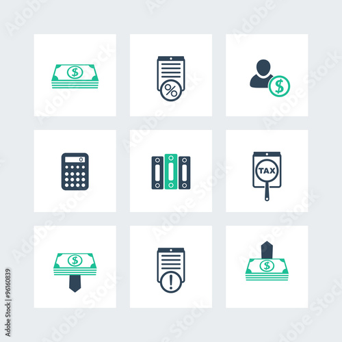 Bookkeeping, finance, payroll icons pack, vector illustration