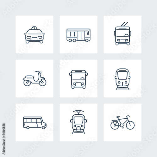 City transport, tram, train, bus, bike, taxi, trolleybus, public transport, line icons, vector illustration
