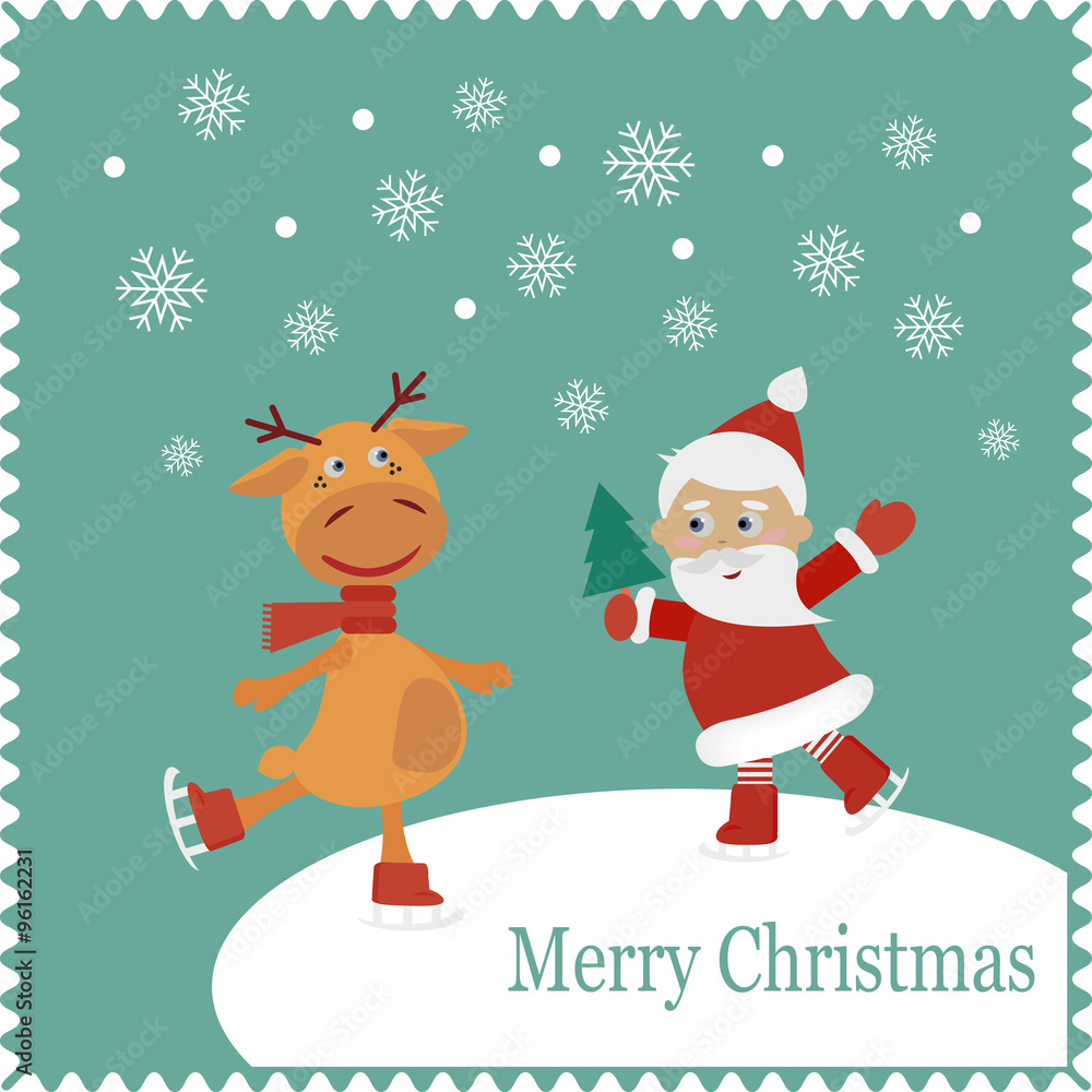 Greeting card with happy Santa and deer skates