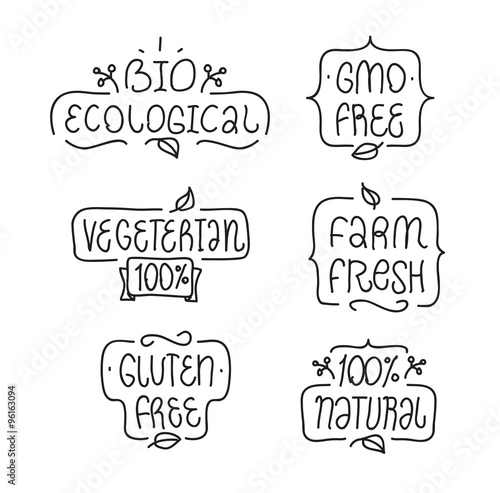 Gmo and gluten free, bio ecological, natural vegeterian elements set. Hand drawn lettering. Bages or labels for product design