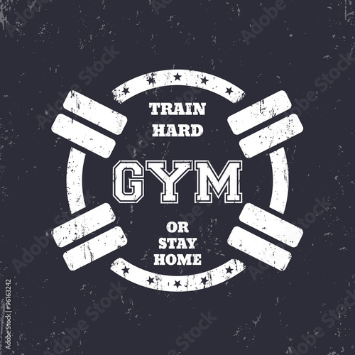 Round grunge gym t-shirt design, white print with dumbbells, vector illustration