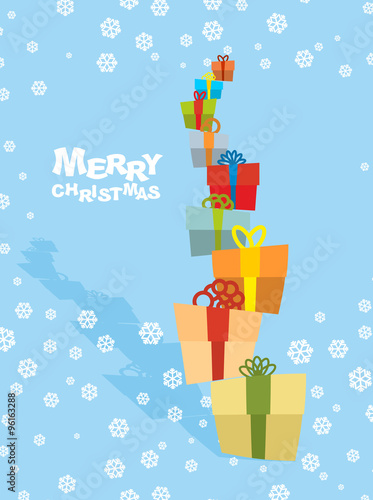 Tower gifts and snowfall. Happy Christmas. Many beautiful greeti