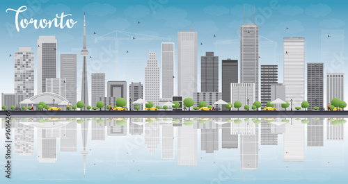 Toronto skyline with grey buildings, blue sky and reflection. Some elements have transparency mode different from normal