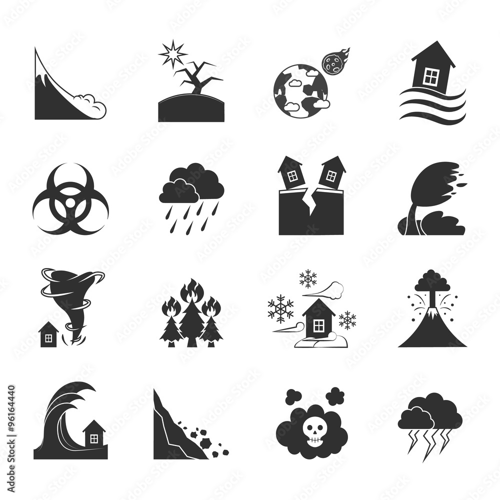 Natural Disasters Monochrome Icons Set 