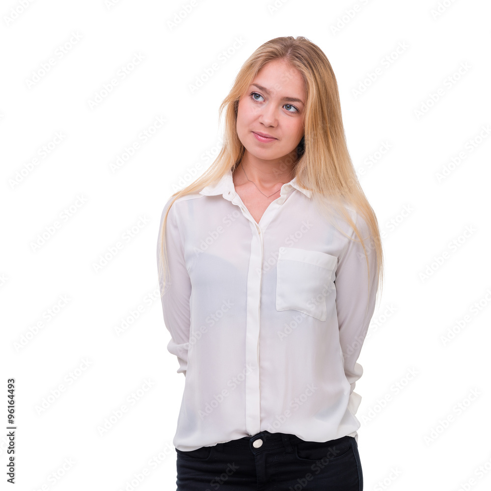 Closeup portrait of dreamy woman isolated on white Closeup portrait of dreamy woman isolated on white