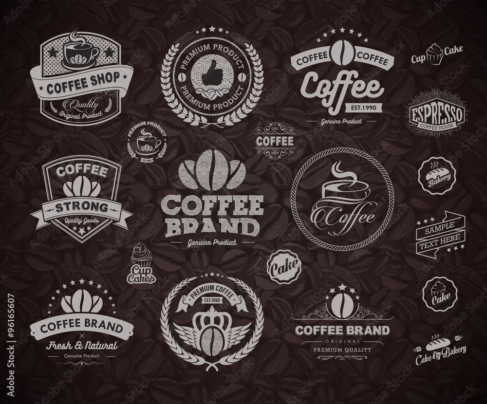 Vector Coffee Labels Isolated Coffee Beans Seamless Background. Premium Coffee Labels And Badges. Best Coffee Label Designs. Coffee Label Template. Vintage Coffee Labels.  Retro Coffee Shops Badges.