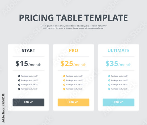 Pricing table template with three plan type - Start, Pro and Ultimate. Website interface template for pricing block. Can be used for website or app. Vector element