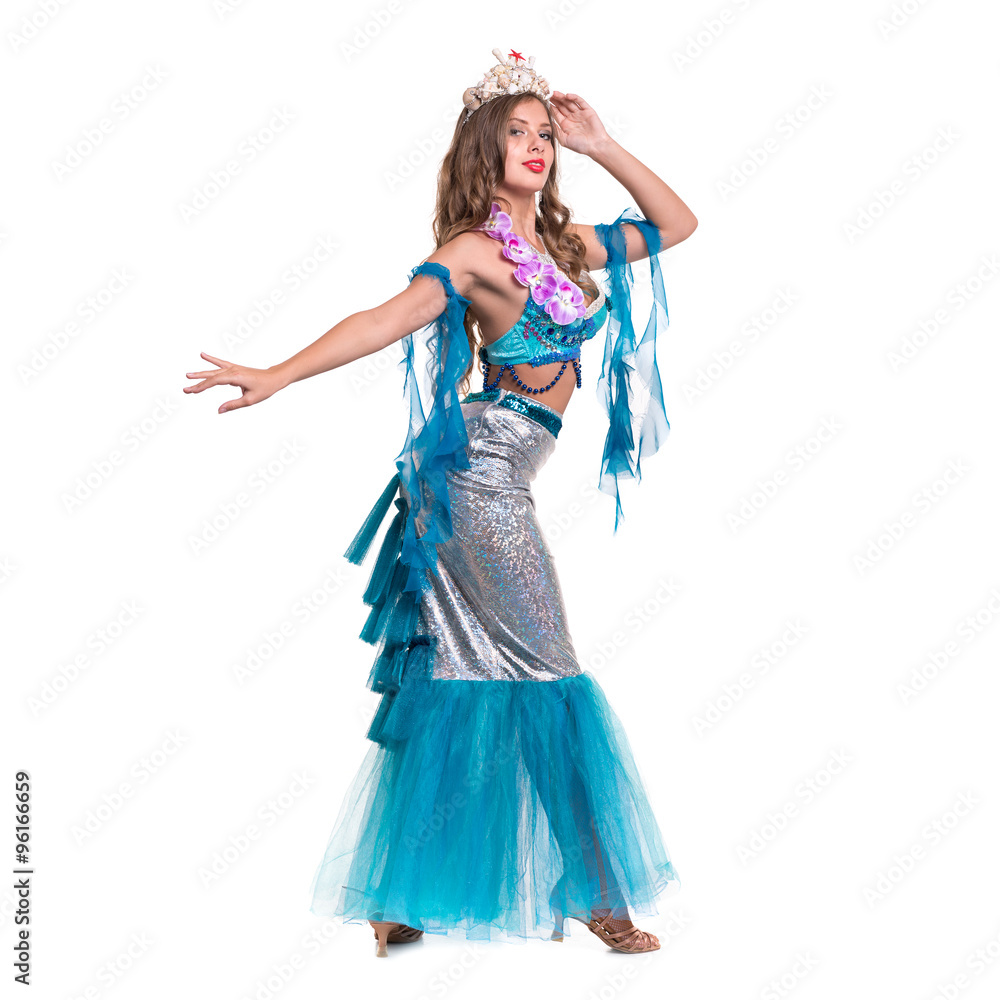 Carnival dancer girl dressed as a mermaid posing, isolated on white