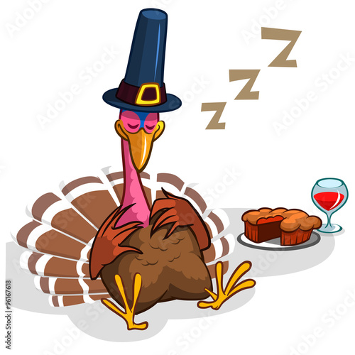  Sleeping turkey after good meal with pie and glass of red vine. Thanksgiving illustration of cartoon turkey isolated on white background