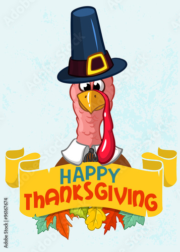 Happy thanksgiving turkey in pilgrim hat with autumn leaves, retro vector card 
