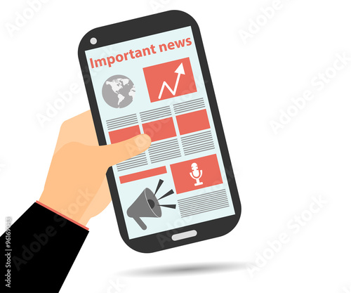 Online Newspaper. Smartphone in hand. Important news. Tablet PC.