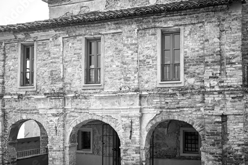 Monferrato village view. Black and white photo