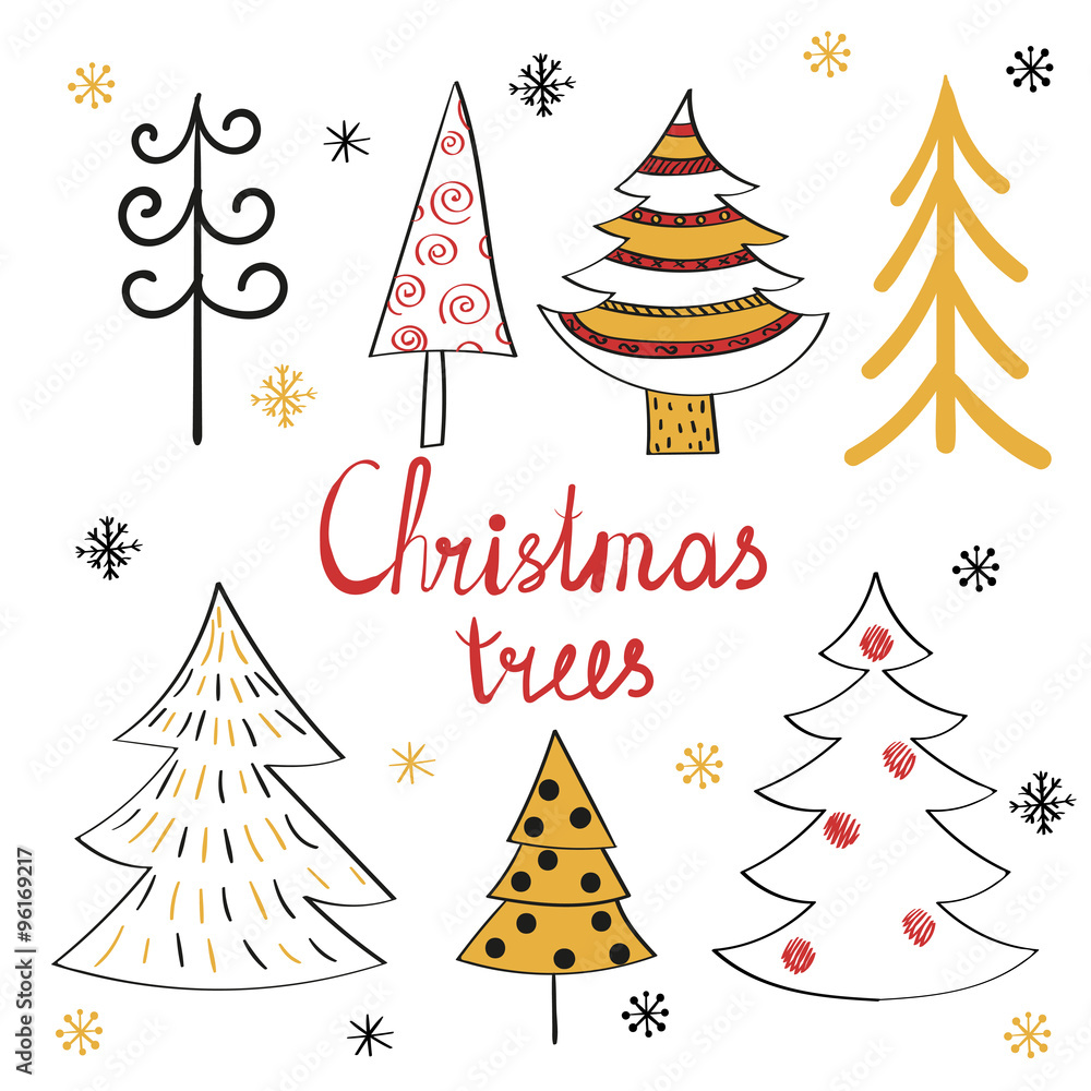 Obraz premium Set of cute Christmas trees. Vector doodle collection.