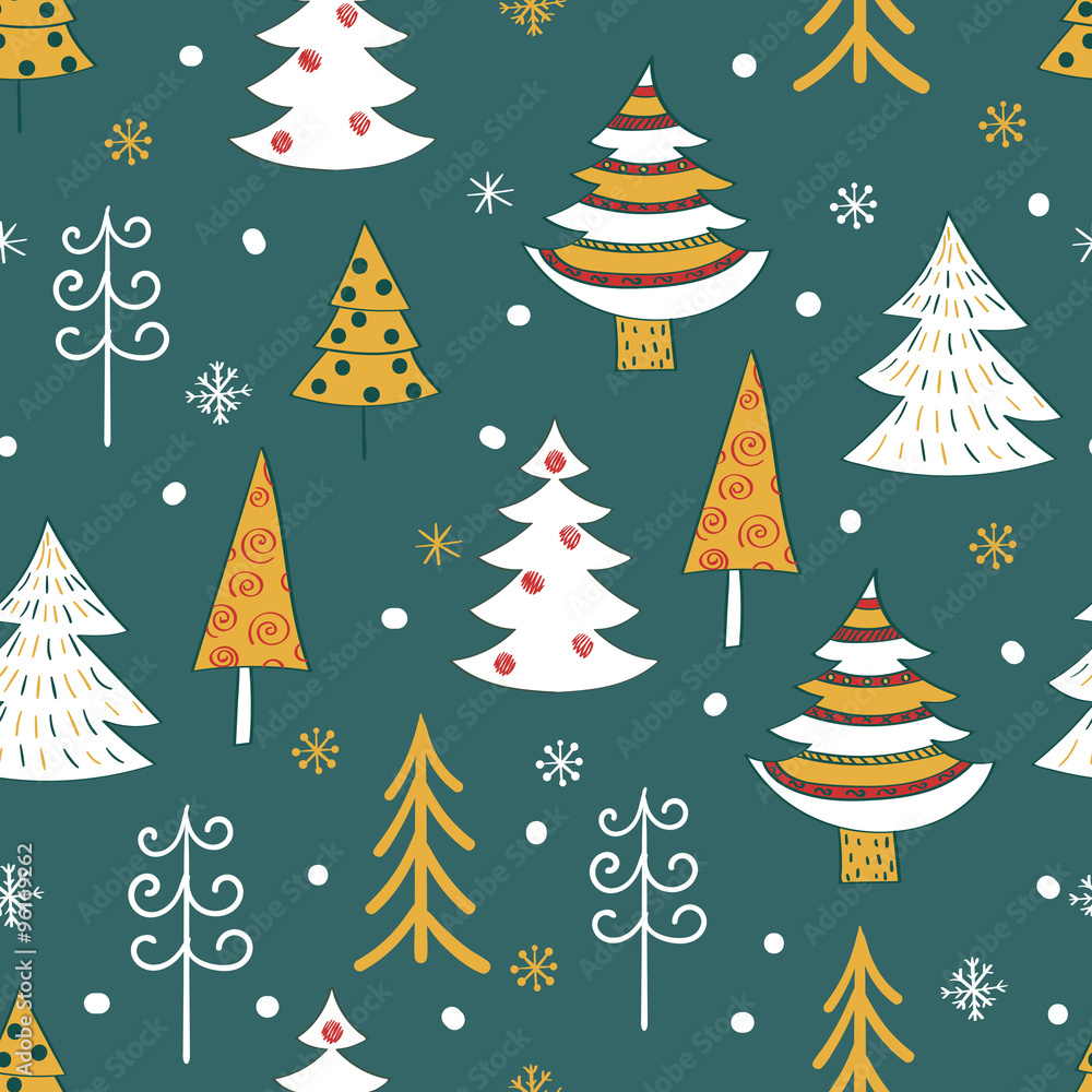 Christmas tree background. Doodle seamless pattern.